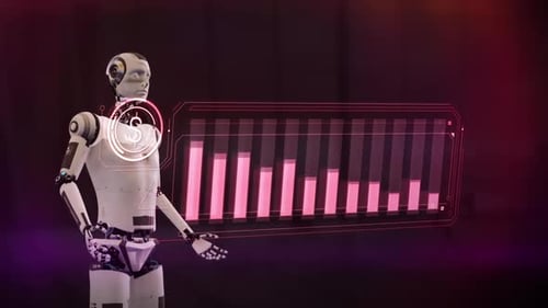 An AI Robot Monitors The Fall Of Dollar Quotes On A Virtual Panel