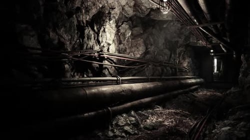 Exploring the Dimly Lit Underground Bunker with Exposed Pipes and Rocky Walls