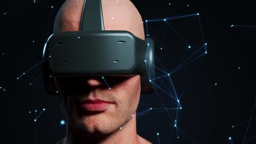 vr technology. animation portrait of a man in a vr helmet with the effect of digital simulation