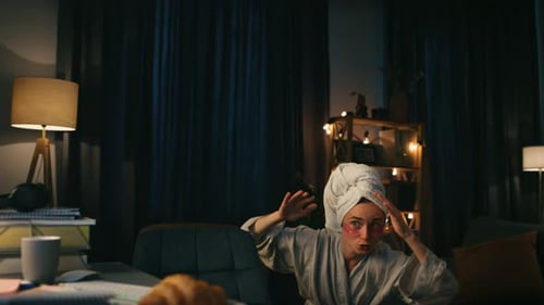 Funny Lady Gesturing Computer at Dark Place Closeup. Excited Housewife Discussing Telling