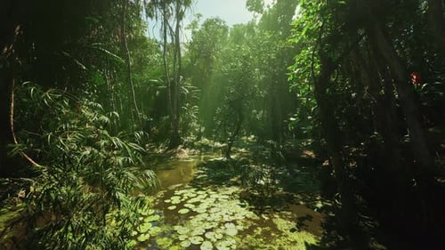Vibrant Jungle Swamp Featuring Mossy Roots and Shimmering Foliage
