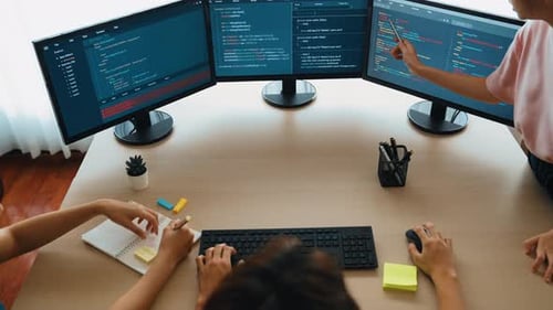 Slow motion back end software developer engineer writing code. Burgeoning
