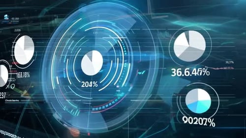 Futuristic Data Visualization with Animated Pie Charts and HUD Elements