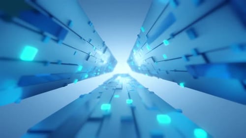 Futuristic digital tunnel with glowing blue blocks