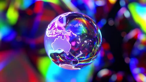 A Crystal Ball Shaped Planet Earth Rotates on an Abstract Bluered Neon Background