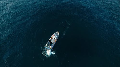 Fishermen in Small Boat Trawling Sardines and Sea Fish in Ocean
