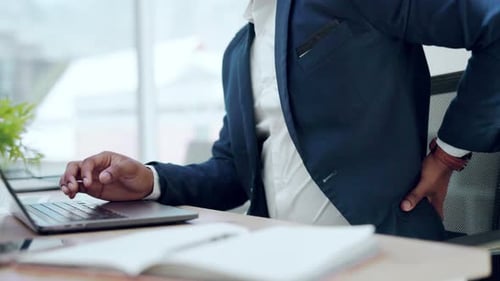 Back pain, injury and hands in office for business with fatigue while working on laptop