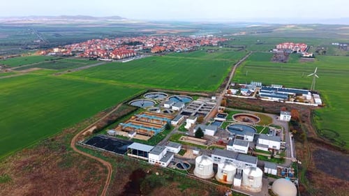 Wastewater treatment plant in the countryside not far from the city.