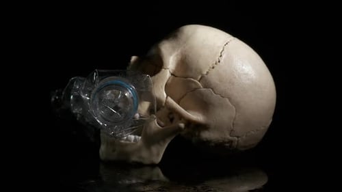 Human Skull with Plastic Bottle on Black Background