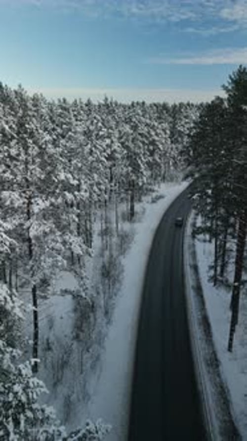 Stunning Aerial Footage Showcasing the Incredible Beauty of a Peaceful Snowy Forest Road During the