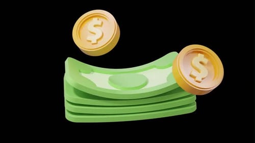 3D Animated Stack of Money and Gold Coins Loop