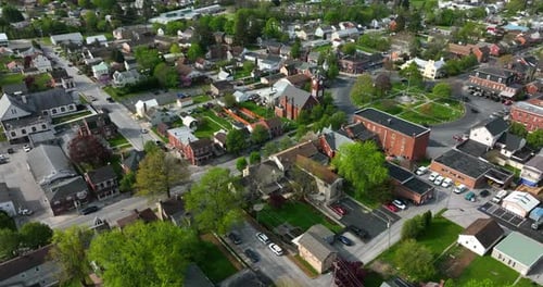 Small town American city. Aerial approach of town center.