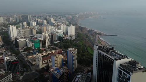 Scenic Aerial View of Miraflores District in Lima Showing Modern Cityscape Next to the Pacific Ocean