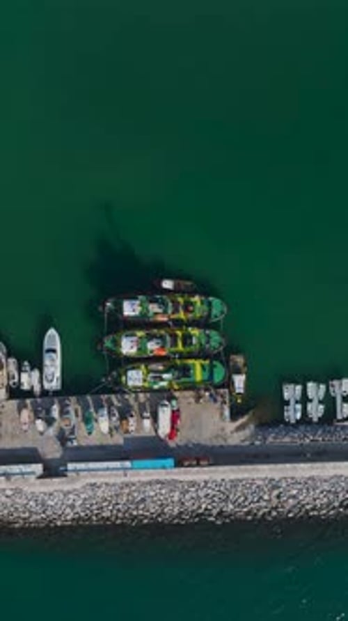 Vertikales Video von großen Schleppern, die am Dock stehen, aufgenommen von einer Drohne mit Schiffskränen und