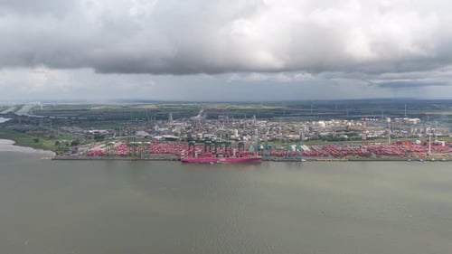 Aerial drone of Port of Antwerp container terminal and shipping docks, Belgium