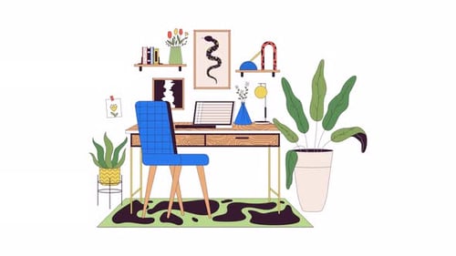 Home office interior design line 2D object animation