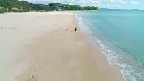 Aerial View of a Young Woman in Yellow Jacket Running on Beach with Her Dog