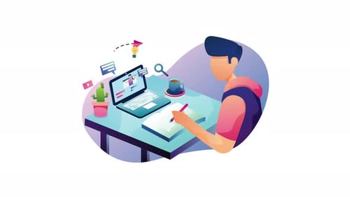 Online Education Student Learning with Laptop Modern Animation