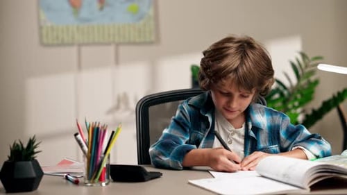 Boy Studying and Writing at Home Desk