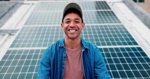 Face, man and technician with smile for solar panel installation, grid maintenance and green power