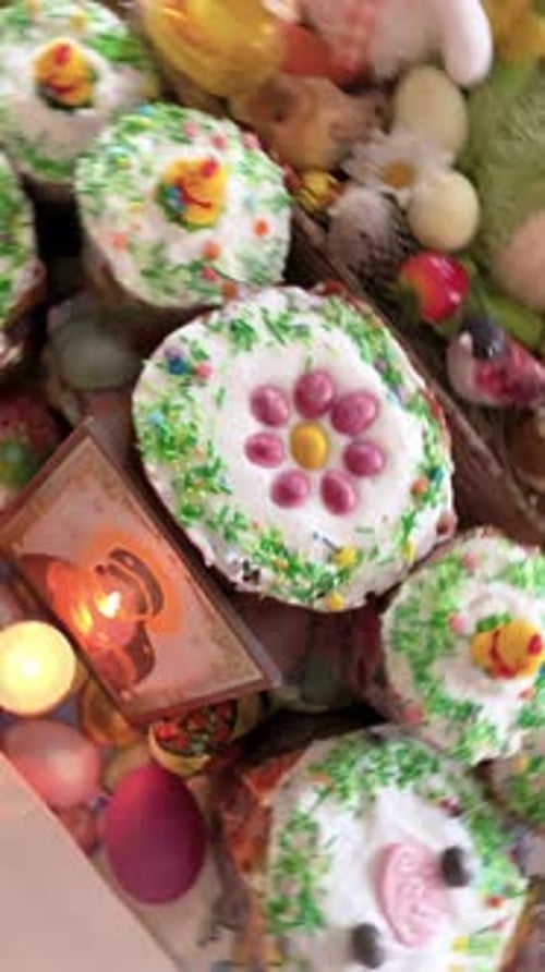 Festive Easter Cakes with Religious Icon and Candle