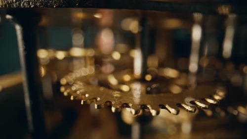 Mechanical Core Classic Clock Placed Under Soft Light Closeup Macro Brass Gears