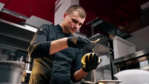 Chef Preparing Food in Restaurant Kitchen