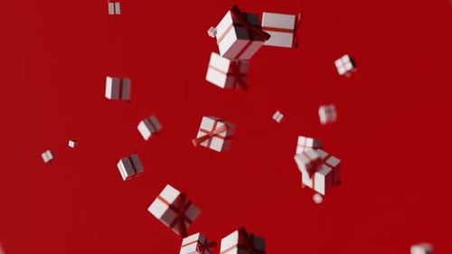 Falling White Gift Boxes with Red Ribbons Background