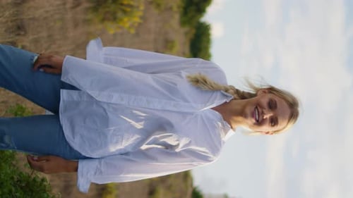 Confident Model Posing Hill Alone Closeup Girl Straightens Hair Smiling Outdoor