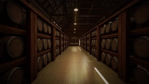 Wine Barrel Storage In The Wine Vault. Barrels Of Cognac, Wine Or Whiskey