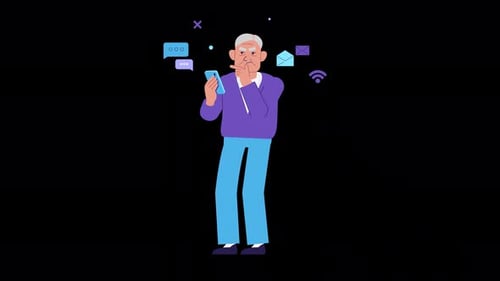 Senior Man with Smartphone and Technology Icons Flat Animation