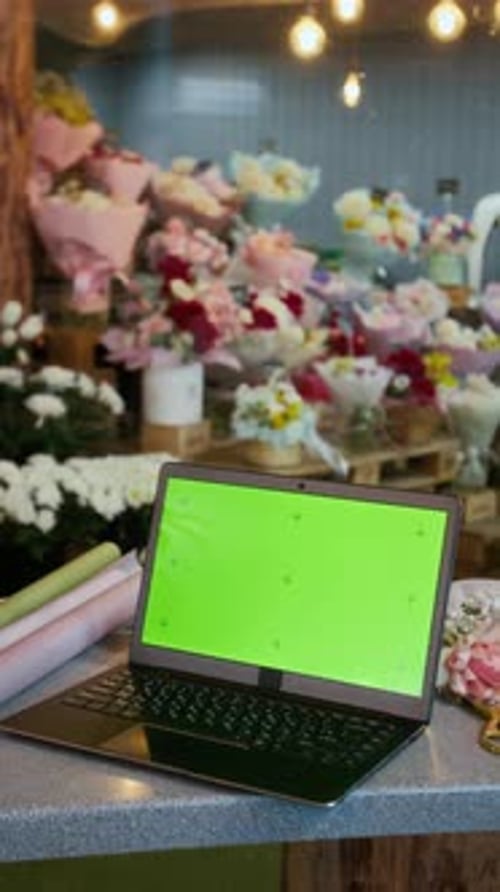 Laptop with Green Screen on Counter of Flower Shop with Bouquets in Background