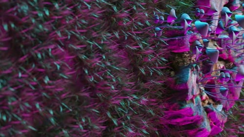 Hongos morados mágicos que crecen en un tocón, renderizado 3D