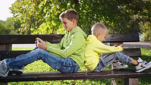 Jovens irmãos se divertindo ao ar livre com jogos online