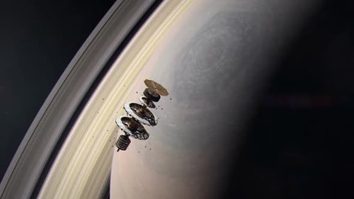 Advanced Space Probe Orbiting Ringed Planet in Cosmic Journey