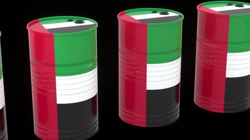 United Arab Emirates UAE Oil Barrel Diagonal Angle Black Background Endless Seamless Loop 4K