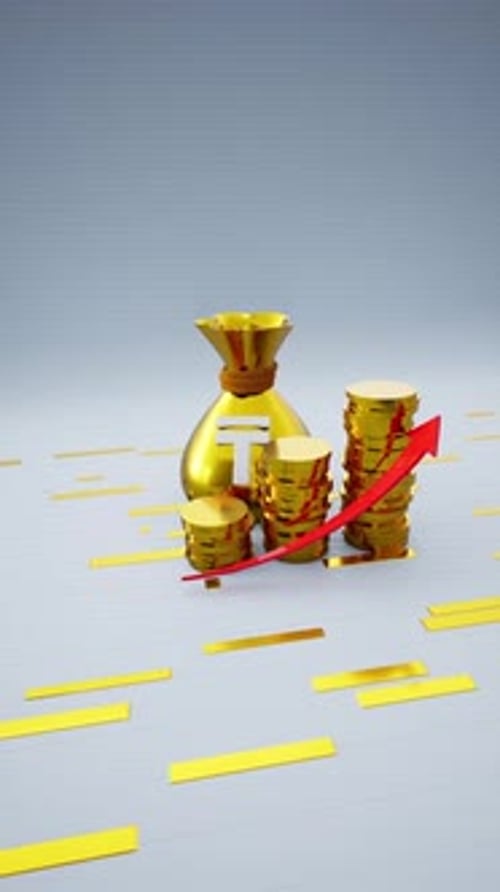 Vertical Golden Money Bag With A Tenge Symbol And Increasing Coins Including Red Upward Arrow