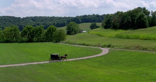 Amish buggy on rural road seen from drone in lancaster county Pennsylvania
