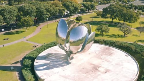 AERIAL - Floralis Generica sculpture, Recoleta, Buenos Aires, Argentina, descent