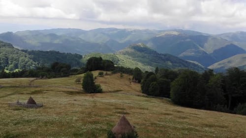 Stunning view over the mountains and a meadow with flowers and traditional haystacks