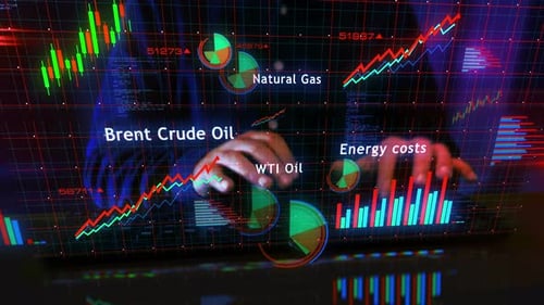 Oil and LNG charts graphs display with typing keyboard