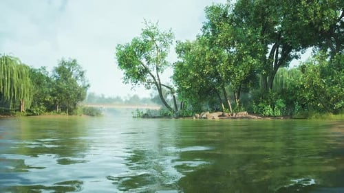 Peaceful River Landscape with Green Trees and Calm Water