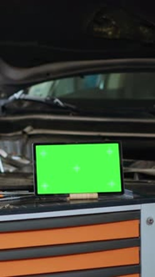 Vertical Video Car Engineer Next to Chroma Key Tablet