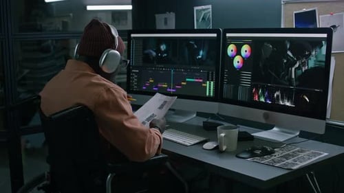 Editor Working Late on Editing Project in Dark Office