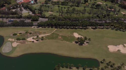 Backward aerial movement showing the green of the Gavea golf course with palm trees and landscaped d