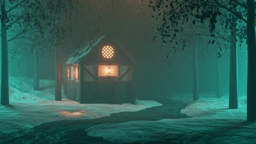 3D Rendering of Illuminated Wooden Cottage in Forest at Winter Night