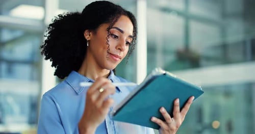 Media agency, thinking and woman in office, tablet and planning for submission