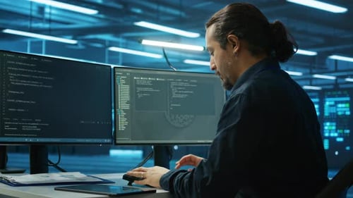 Man Coding at Desk in Futuristic Office