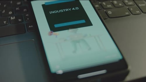 Industry 40 Inscription on Smartphone Screen Graphic Presentation of Factory Manager Using Modern
