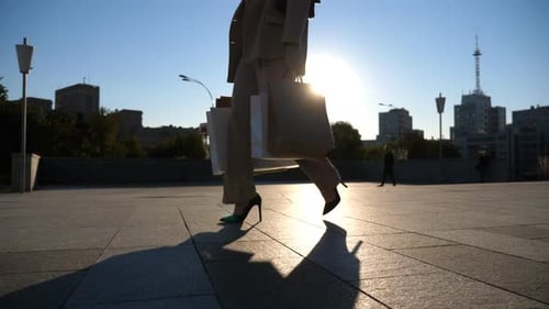 Junge Kundin mit Einkaufstaschen geht nach Einkäufen am Square spazieren Modische Frau
